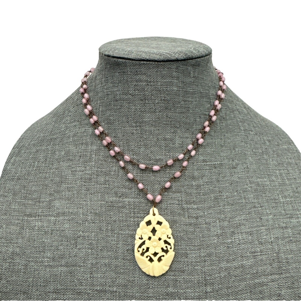 Carved Ivory Pendant Necklace with Blush Pink stone? 17"L